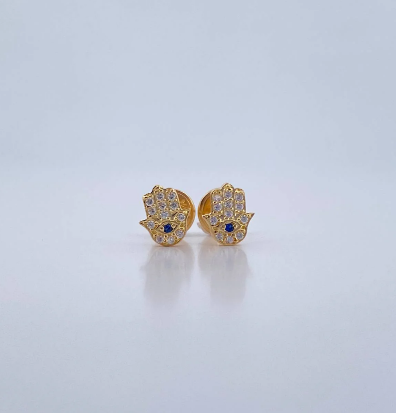Hamsa Hand Stud Earrings – 18K Yellow Gold – 0.75g