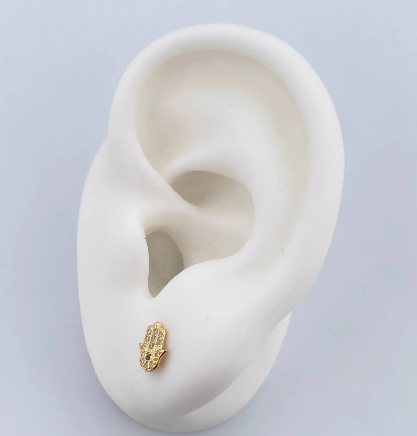 Hamsa Hand Stud Earrings – 18K Yellow Gold – 0.75g